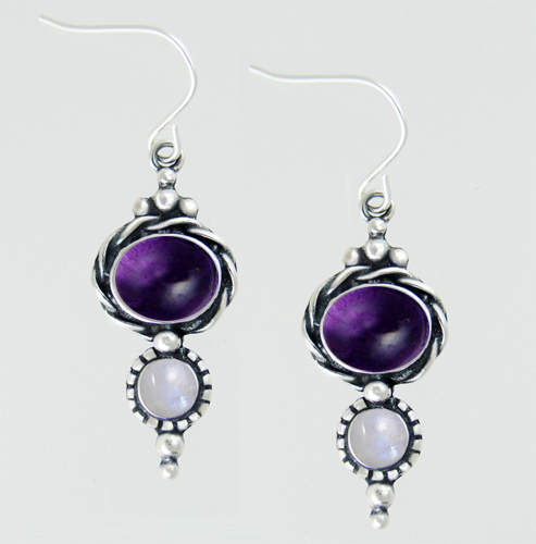 Sterling Silver Drop Dangle Earrings With Amethyst And Rainbow Moonstone